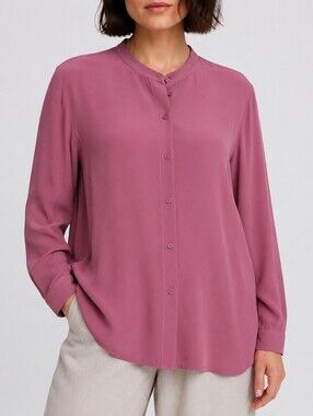 Eileen Fisher 100% Silk Georgette Crepe Mandarin Collar Button Shirt Tea Rose M